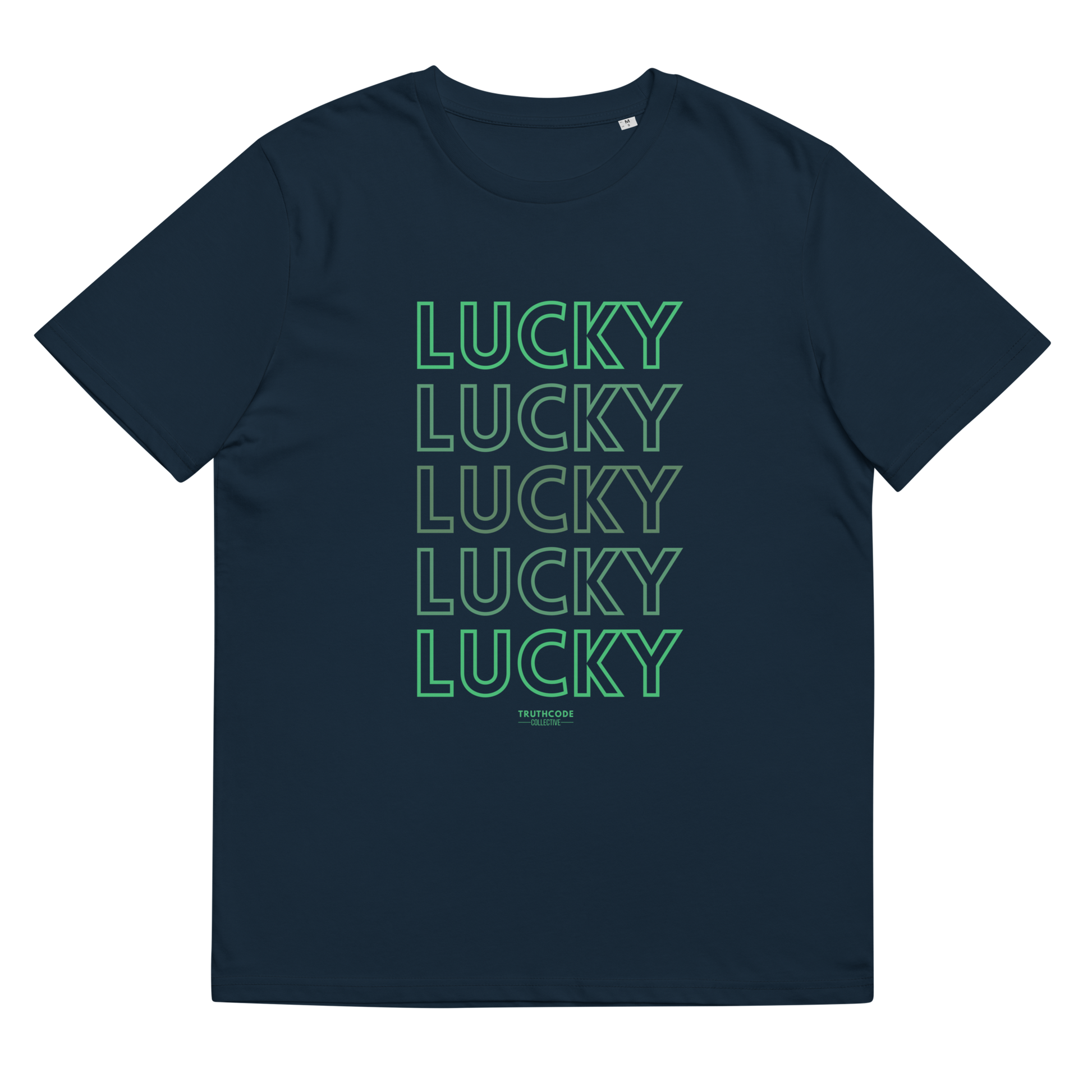 Navy blue organic t-shirt with 'LUCKY' text in green on a white background