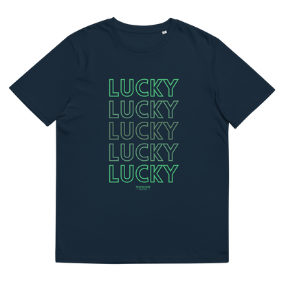 Navy blue organic t-shirt with 'LUCKY' text in green on a white background