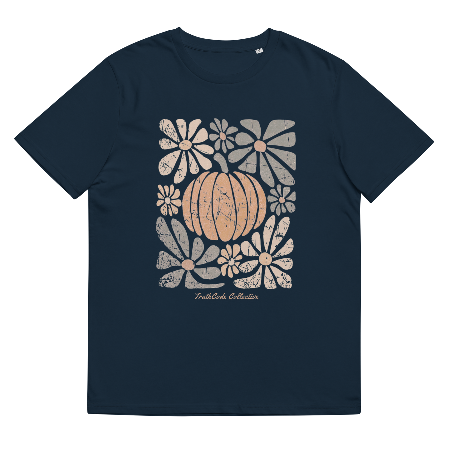 Navy blue organic t-shirt with a pumpkin and floral design on a white background