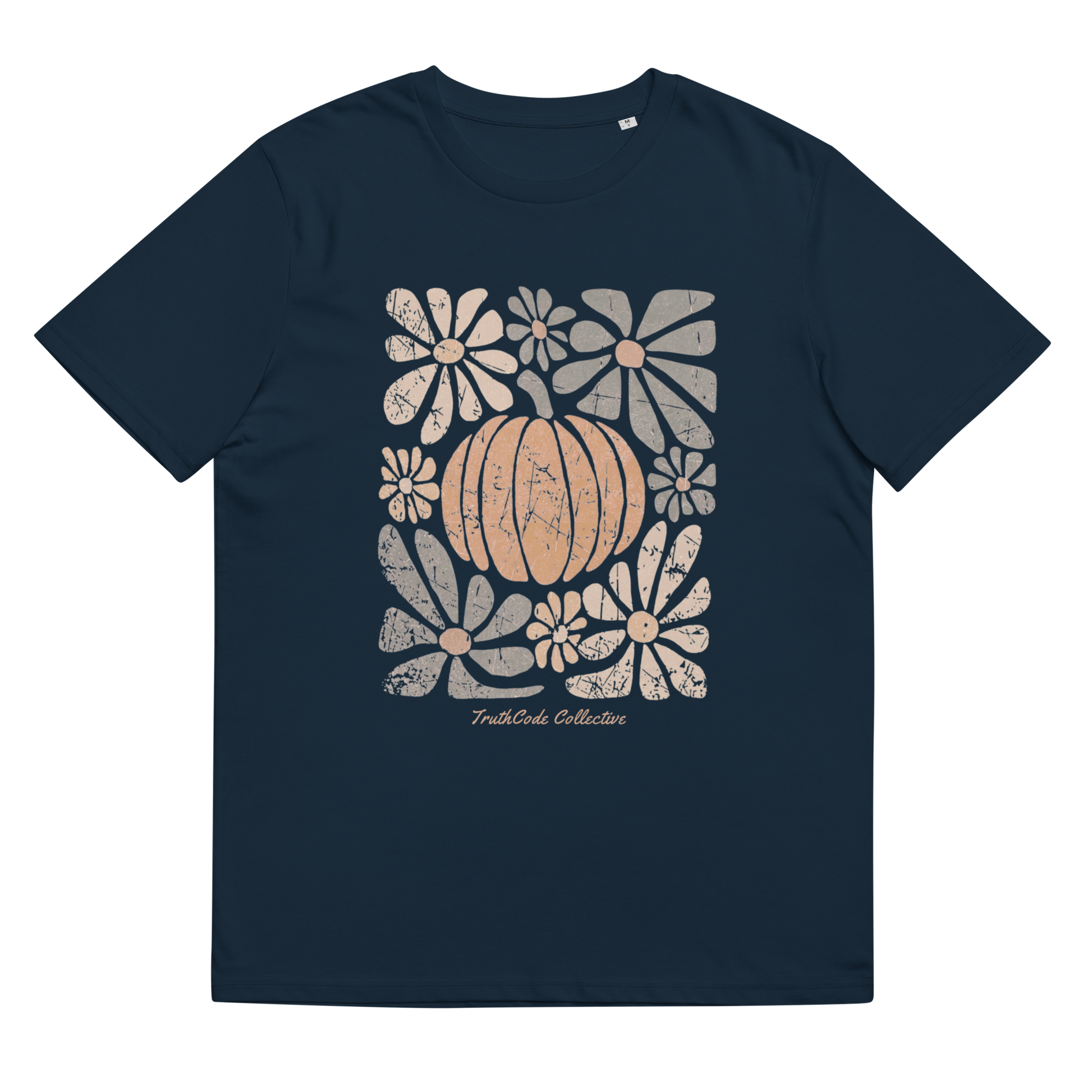 Navy blue organic t-shirt with a pumpkin and floral design on a white background