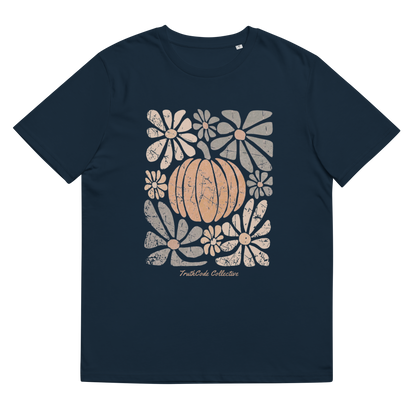 Navy blue organic t-shirt with a pumpkin and floral design on a white background