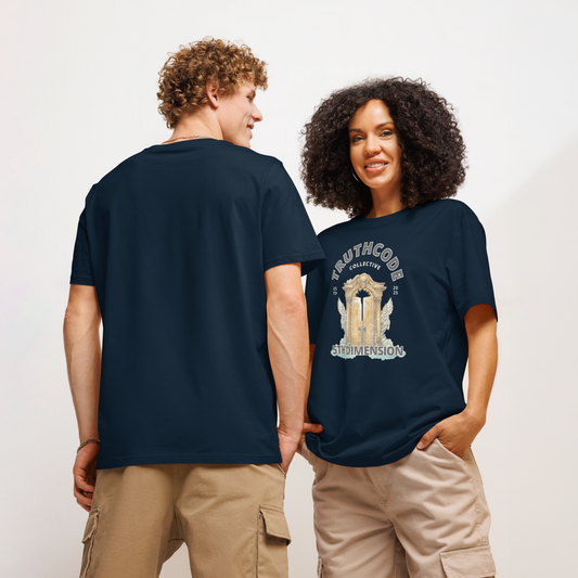 Models wearing navy blue organic t-shirt with 'Truthcode Collective' and '5th Dimension' text and heavenly gates type design on a white background