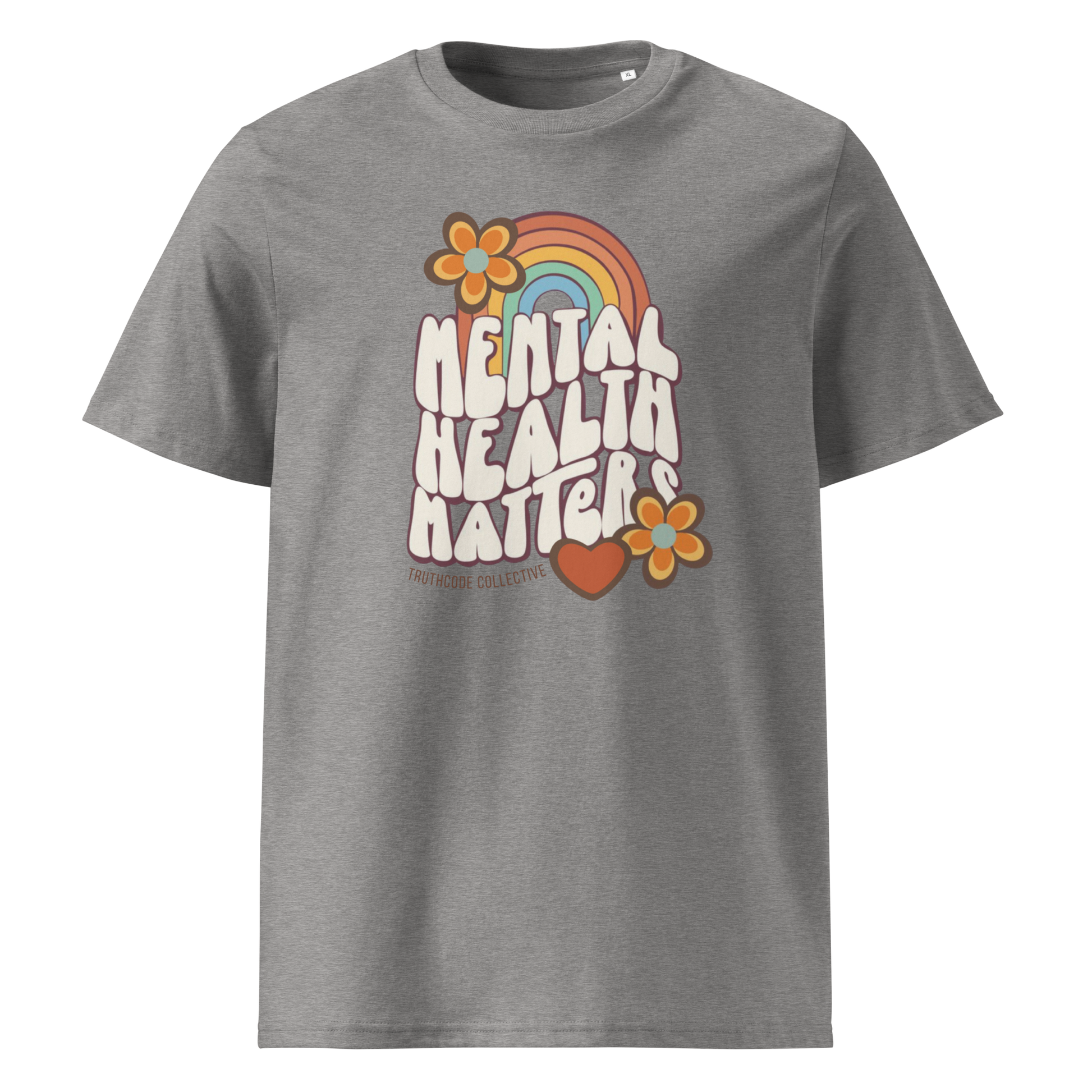 Gray organic t-shirt with 'Mental Health Matters' graphic design featuring a rainbow and flowers 