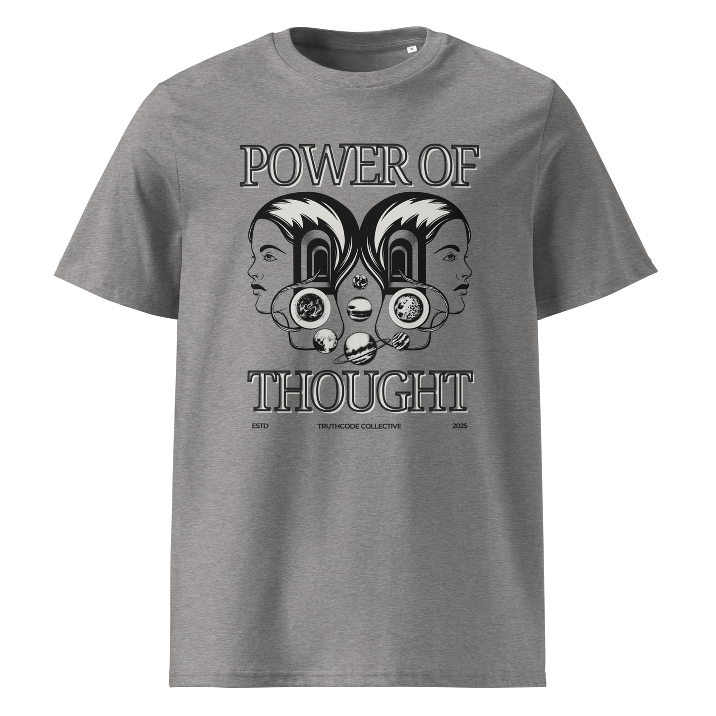 Gray organic t-shirt with 'Power of Thought' text and design of graphics of the universe coming from 2 heads on a white background