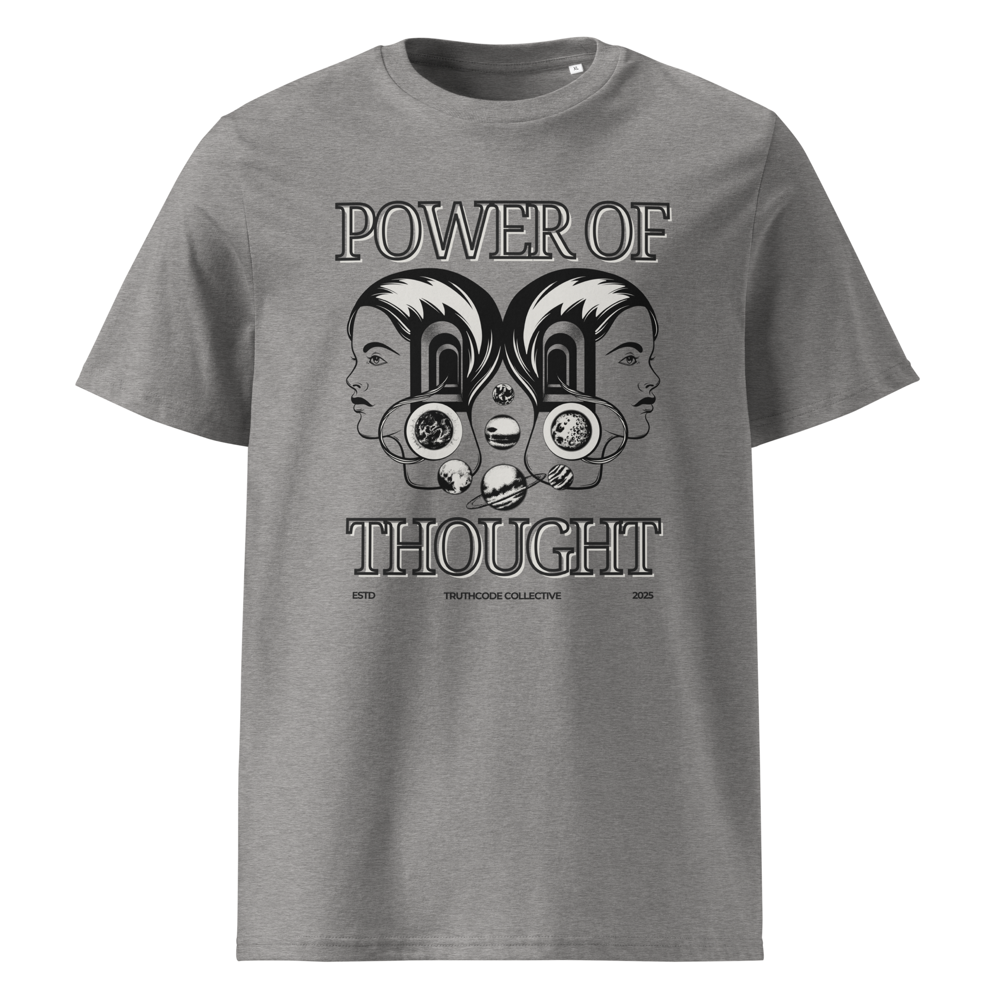 Gray organic t-shirt with 'Power of Thought' text and design of graphics of the universe coming from 2 heads on a white background
