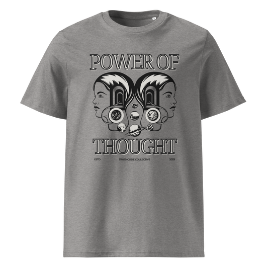 Gray organic t-shirt with 'Power of Thought' text and design of graphics of the universe coming from 2 heads on a white background