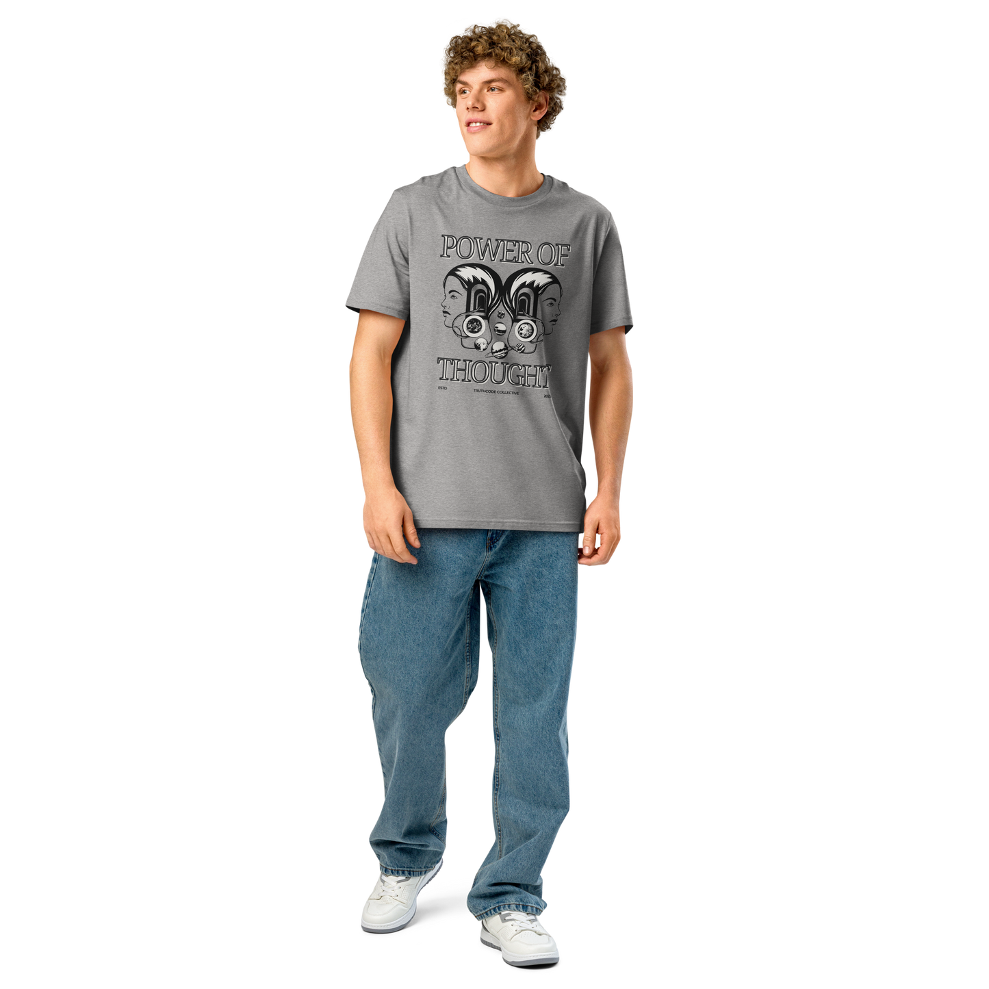Guy wearing gray organic t-shirt with 'Power of Thought' text and design of graphics of the universe coming from 2 heads on a white background