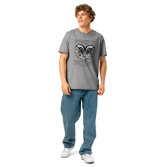 Guy wearing gray organic t-shirt with 'Power of Thought' text and design of graphics of the universe coming from 2 heads on a white background
