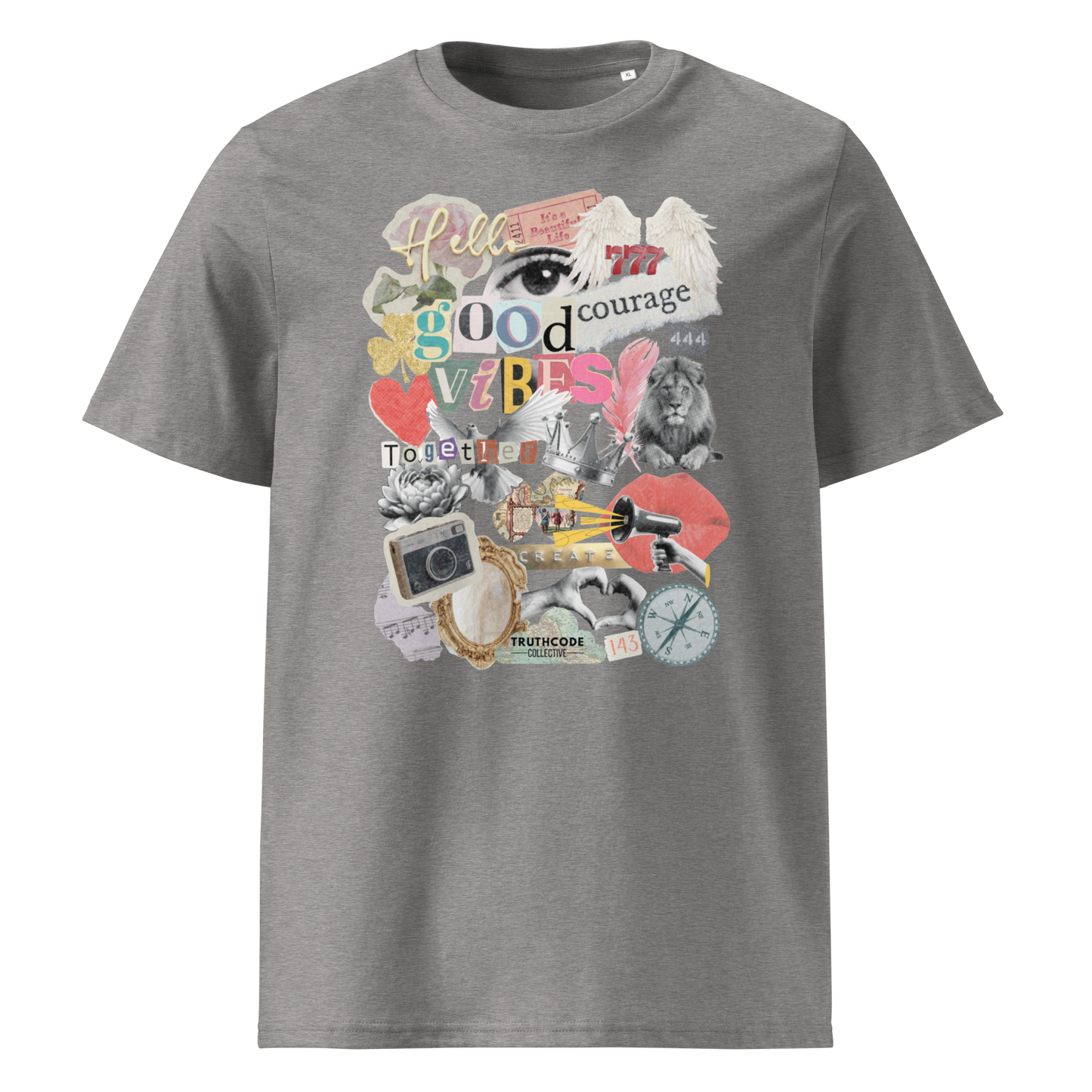 Gray organic t-shirt with colorful collage graphic designs like a mood board on a white background