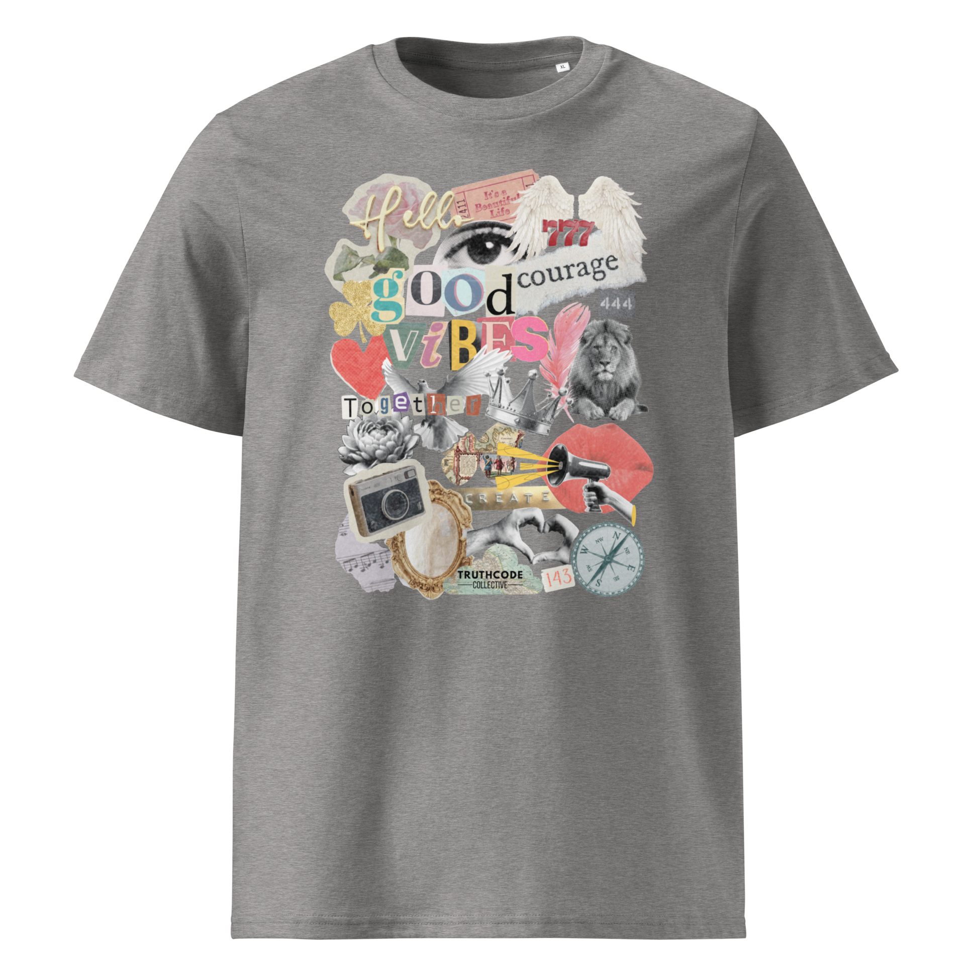 Gray organic t-shirt with colorful collage graphic designs like a mood board on a white background