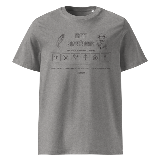 Gray organic t-shirt with text Truth + Sovereignty' with symbols and graphics relating to it on a white background
