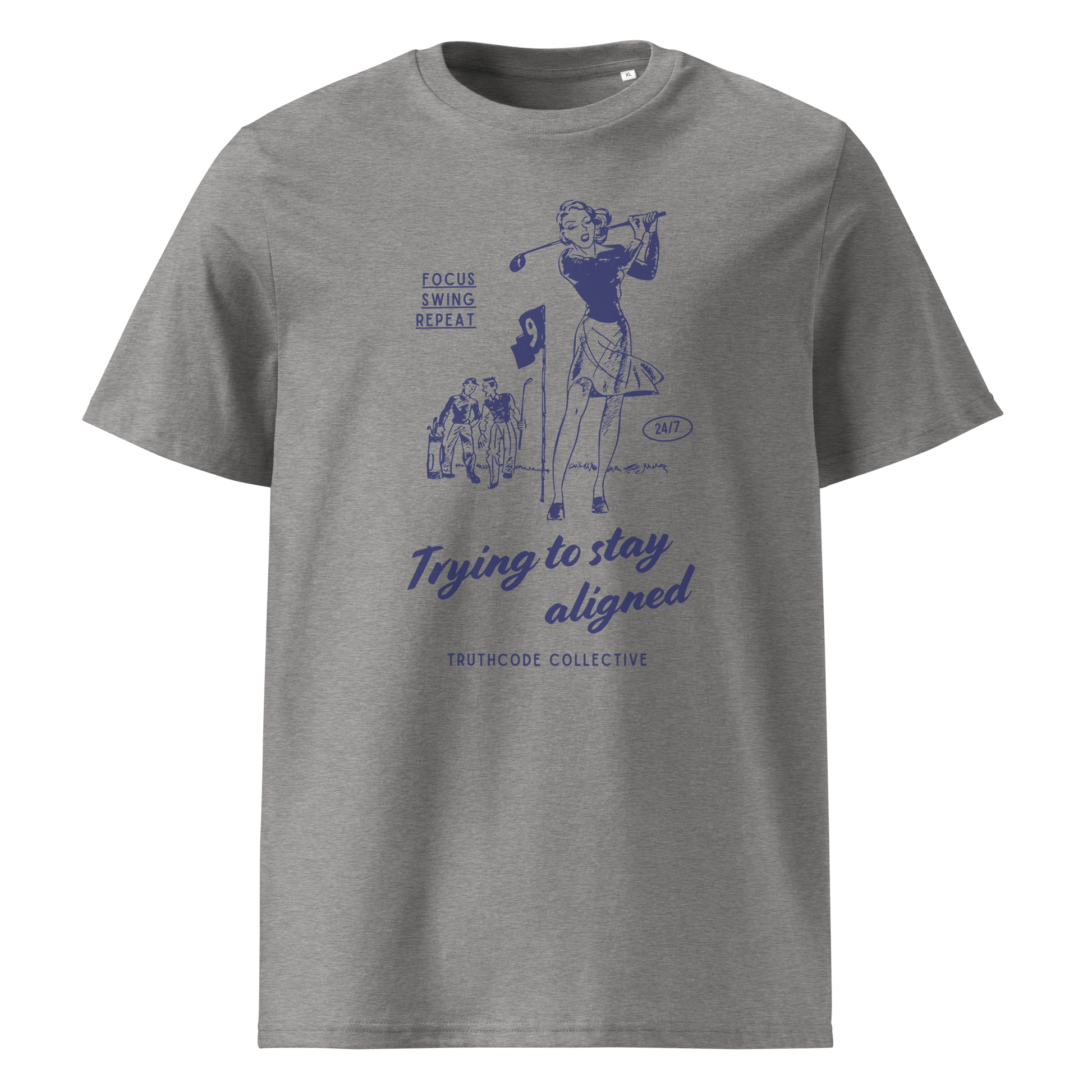Gray organic t-shirt with blue vintage graphic of a woman golfing and text 'Trying to stay aligned' and 'Focus, swing, repeat' on a white background
