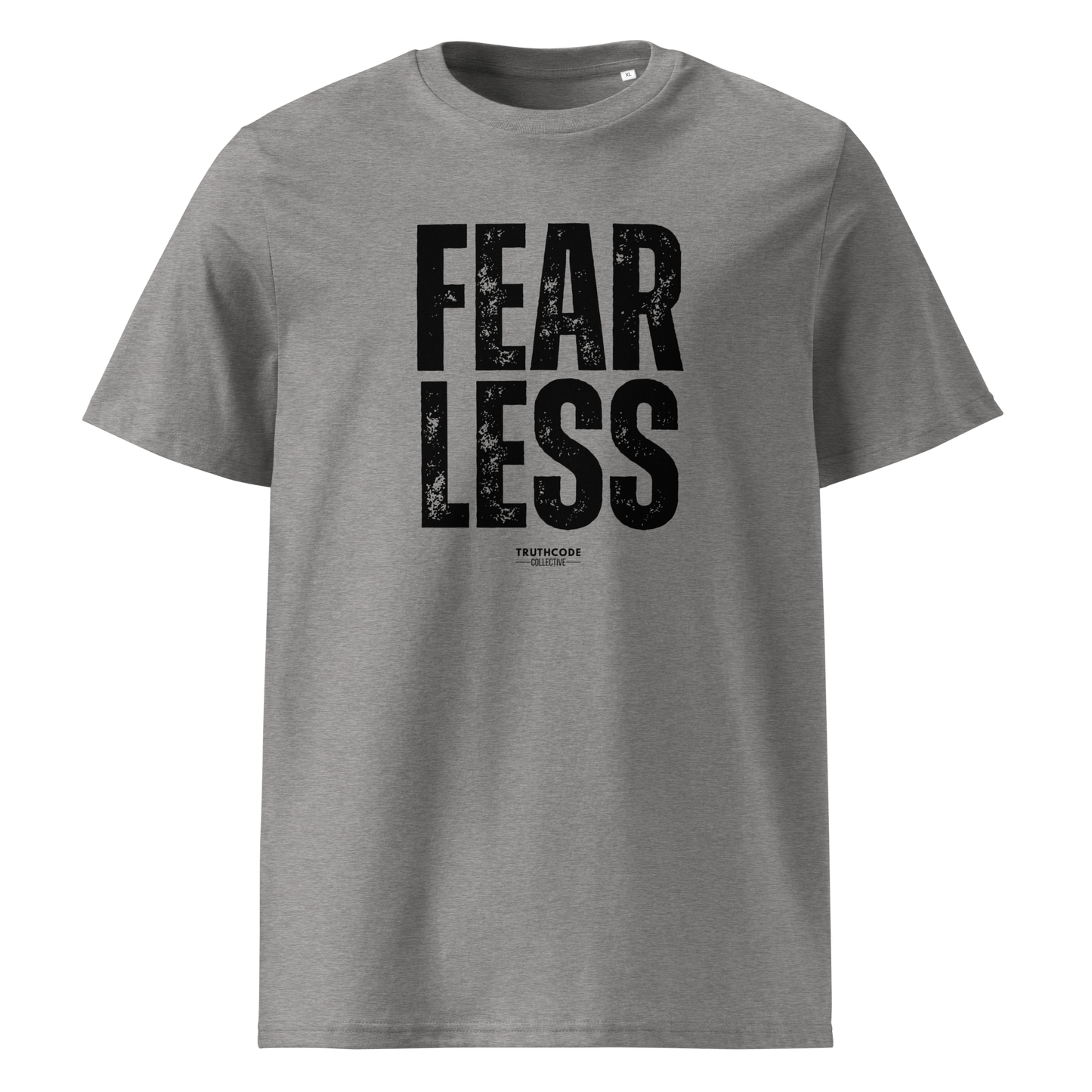 Gray organic t-shirt with 'FEARLESS' text on a white background