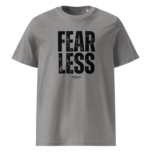 Gray organic t-shirt with 'FEARLESS' text on a white background
