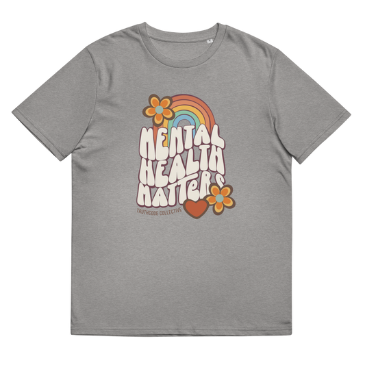 Gray organic t-shirt with 'Mental Health Matters' graphic design featuring a rainbow, flowers, and heart on a white background.