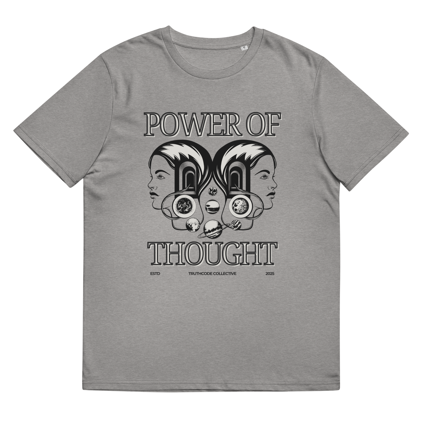 Gray organic t-shirt with 'Power of Thought' text and graphic design, shirt on a white background