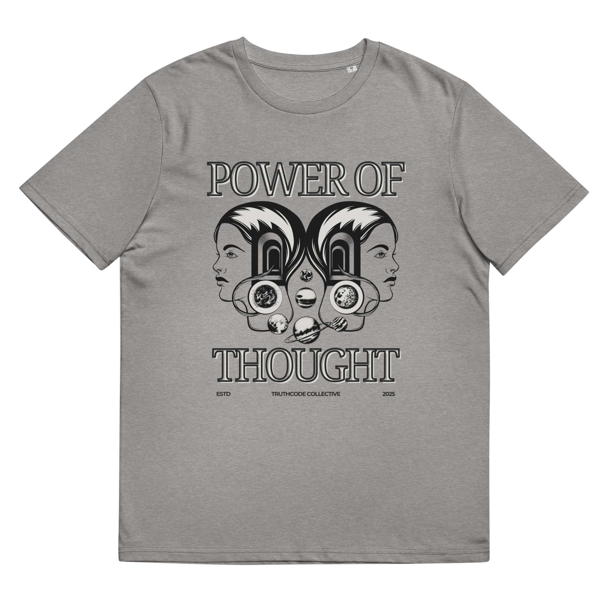 Gray organic t-shirt with 'Power of Thought' text and graphic design, shirt on a white background