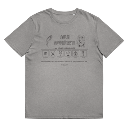 Gray organic t-shirt with text 'Truth + Sovereignty' with laundry tag style graphic design symbols relating to the text on a white background