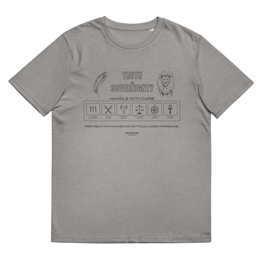 Gray organic t-shirt with text 'Truth + Sovereignty' with laundry tag style graphic design symbols relating to the text on a white background