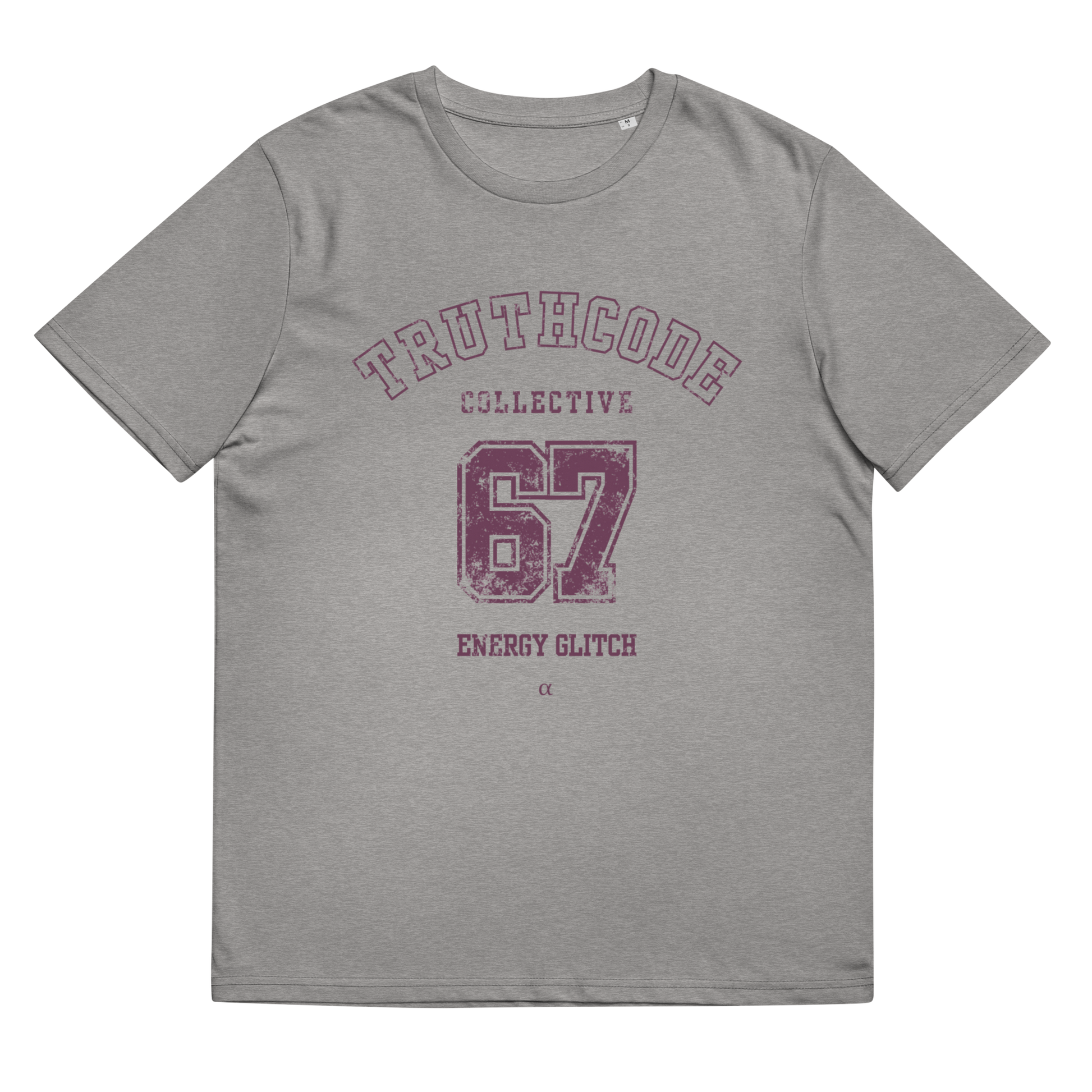 Gray organic t-shirt with 'Truthcode Collective 67 Energy Glitch' text on a white background
