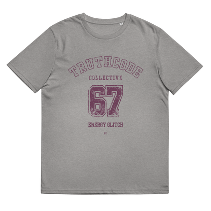 Gray organic t-shirt with 'Truthcode Collective 67 Energy Glitch' text on a white background