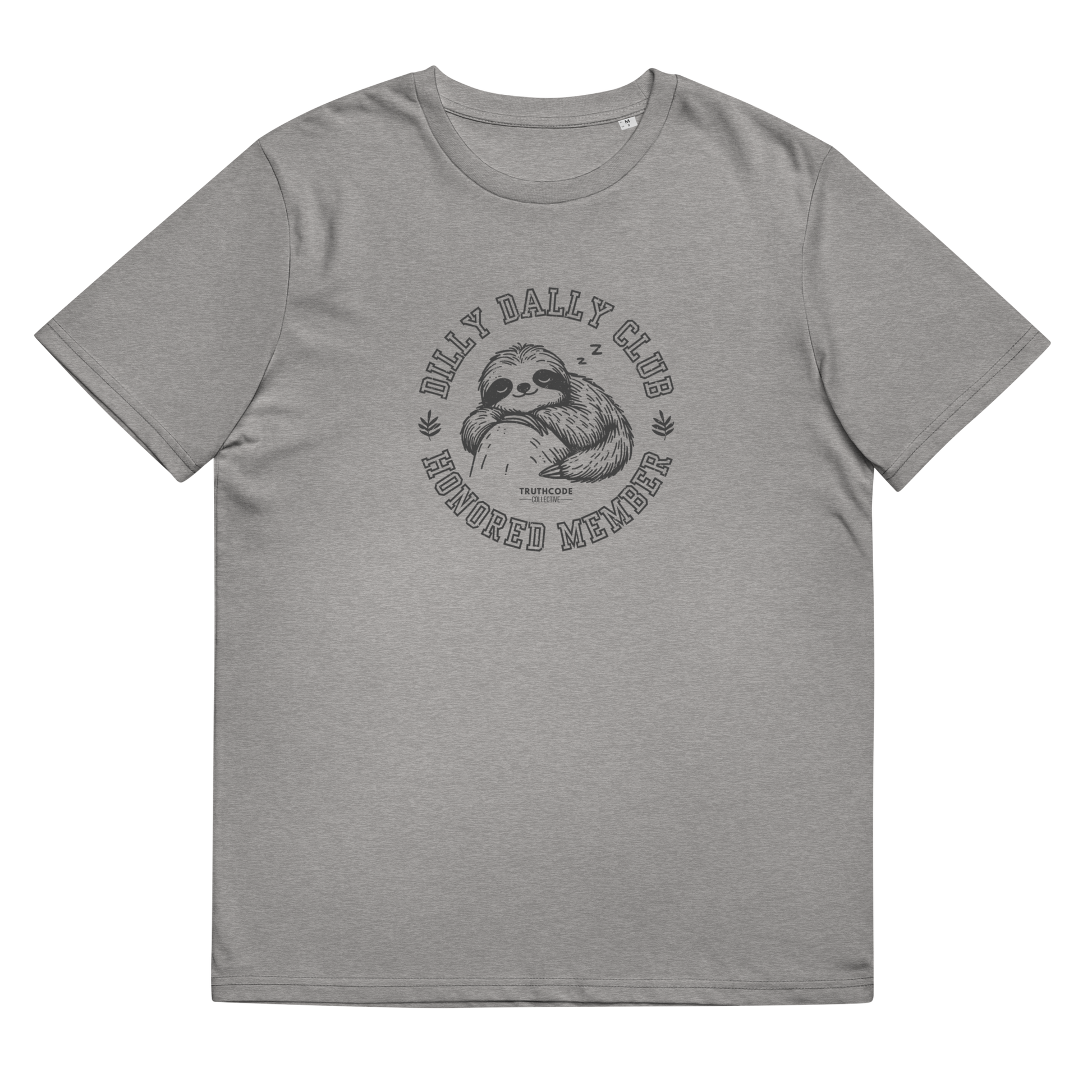 Gray organic t-shirt with sloth graphic and text 'Dilly dally club, honored member' on a white background