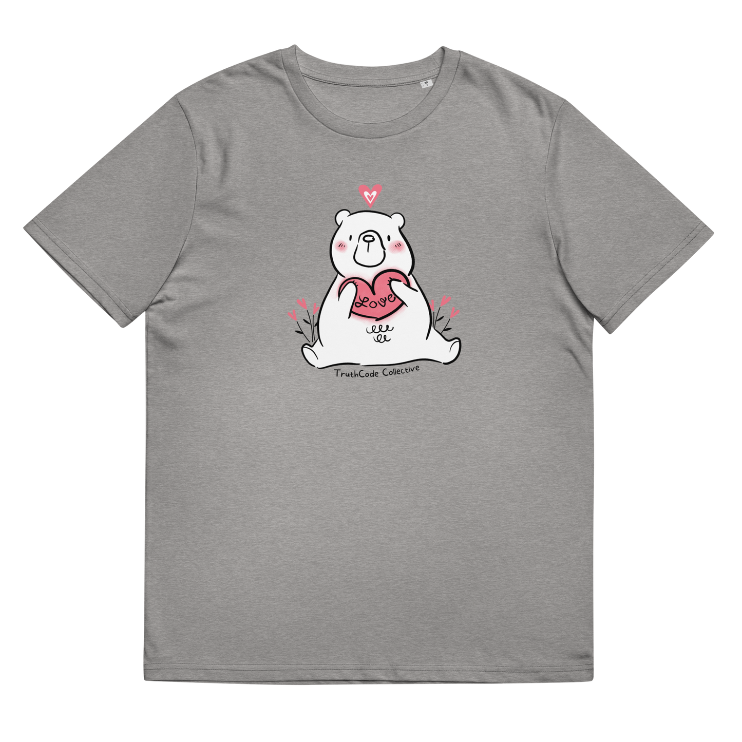Gray organic t-shirt with a bear holding a heart graphic and 'Love' text on a white background