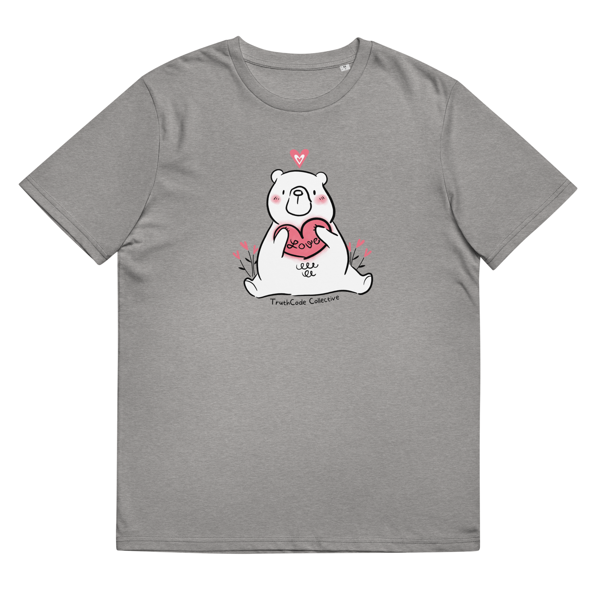 Gray organic t-shirt with a bear holding a heart graphic and 'Love' text on a white background