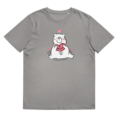 Gray organic t-shirt with a bear holding a heart graphic and 'Love' text on a white background
