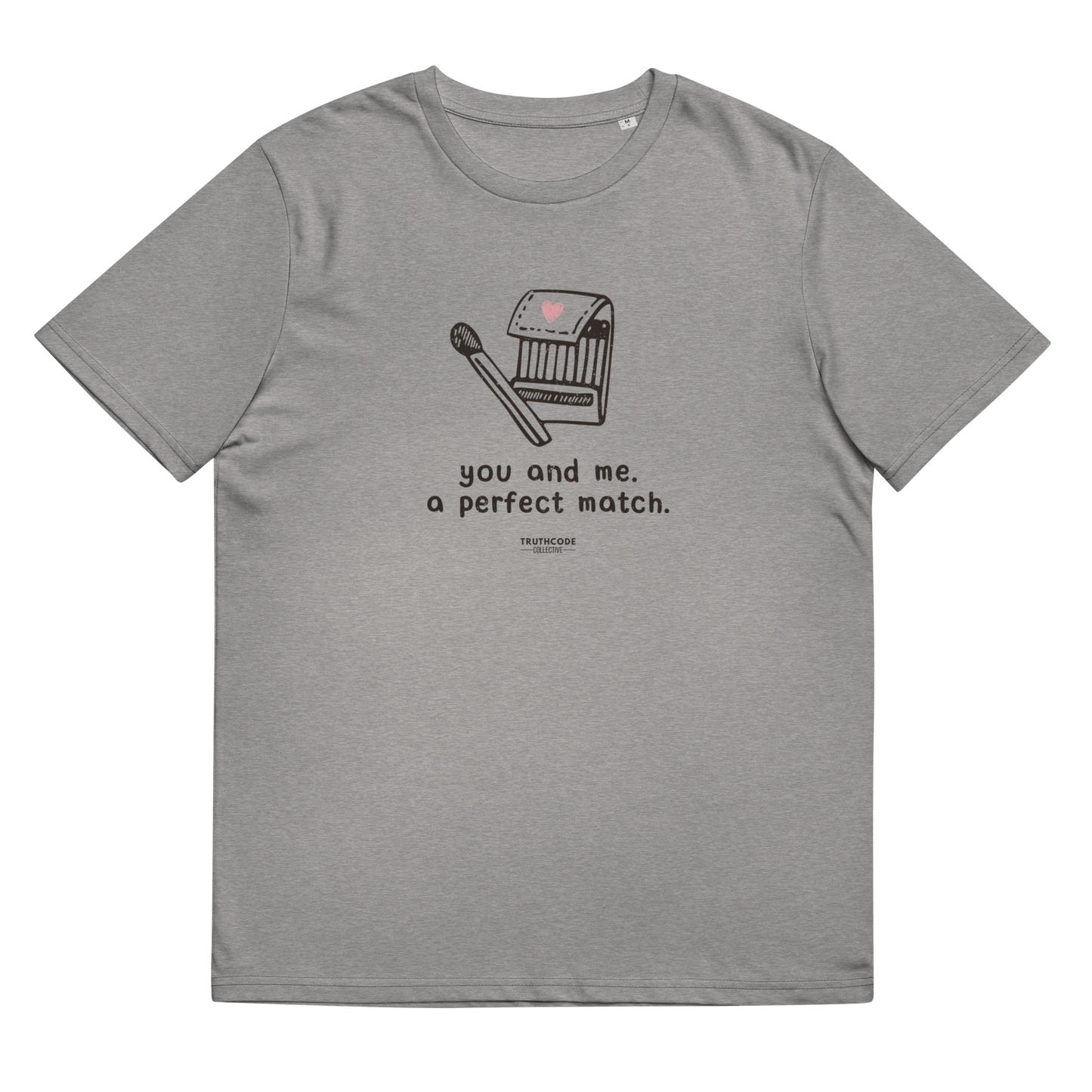 Gray organic t-shirt with match book graphic design and text 'You and me, a perfect match' on a white background