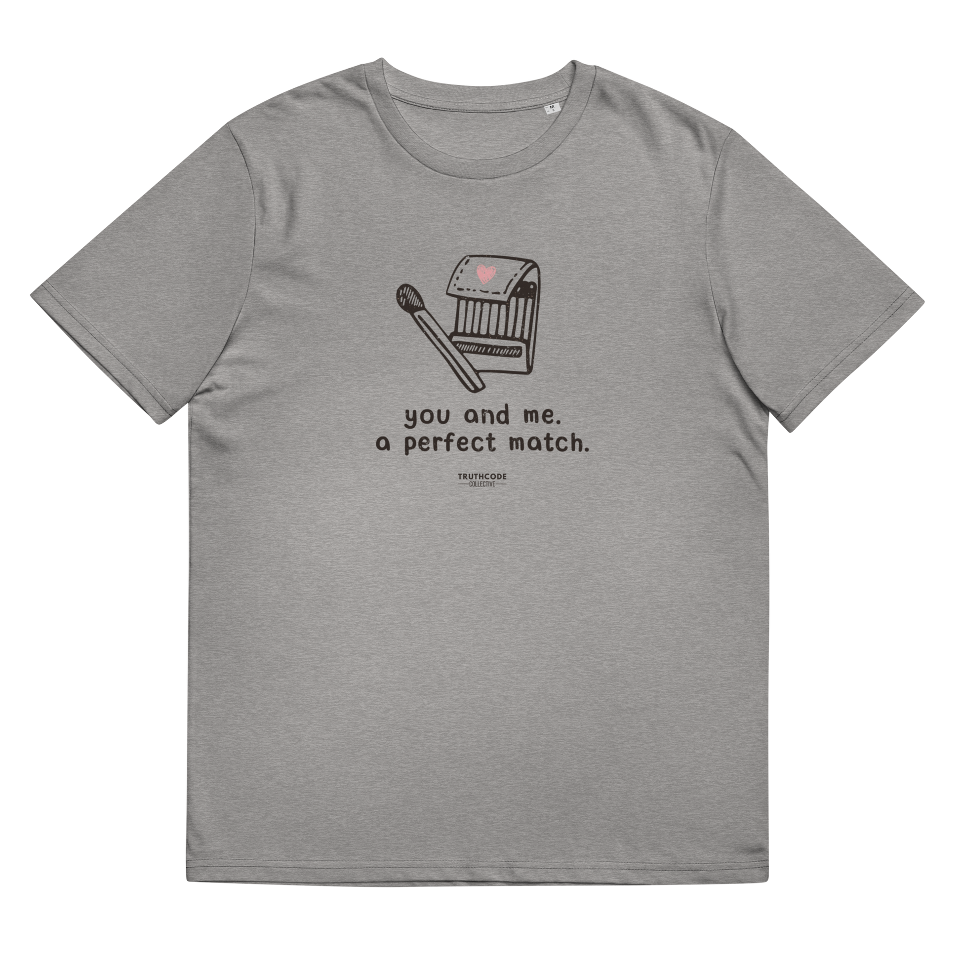 Gray organic t-shirt with match book graphic design and text 'You and me, a perfect match' on a white background