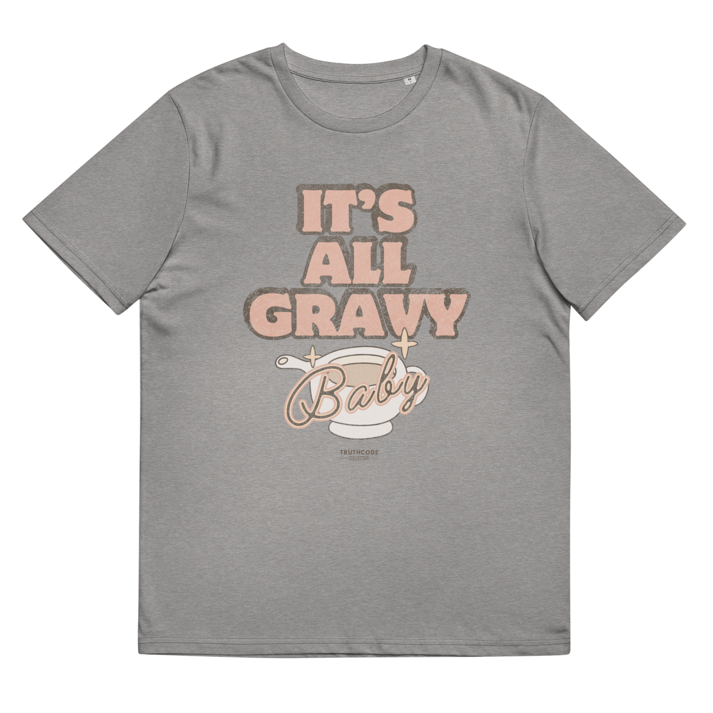 Gray organic t-shirt with 'It's All Gravy Baby' text with a gravy boat graphic design on a white background