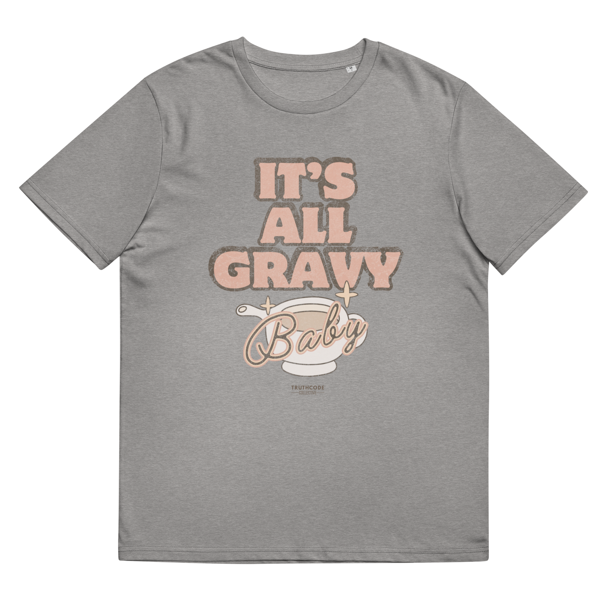 Gray organic t-shirt with 'It's All Gravy Baby' text with a gravy boat graphic design on a white background