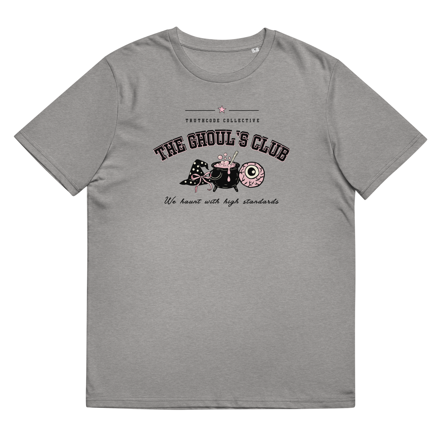 Gray organic t-shirt with 'The Ghoul's Club' text and cartoon halloween graphic design on a white background