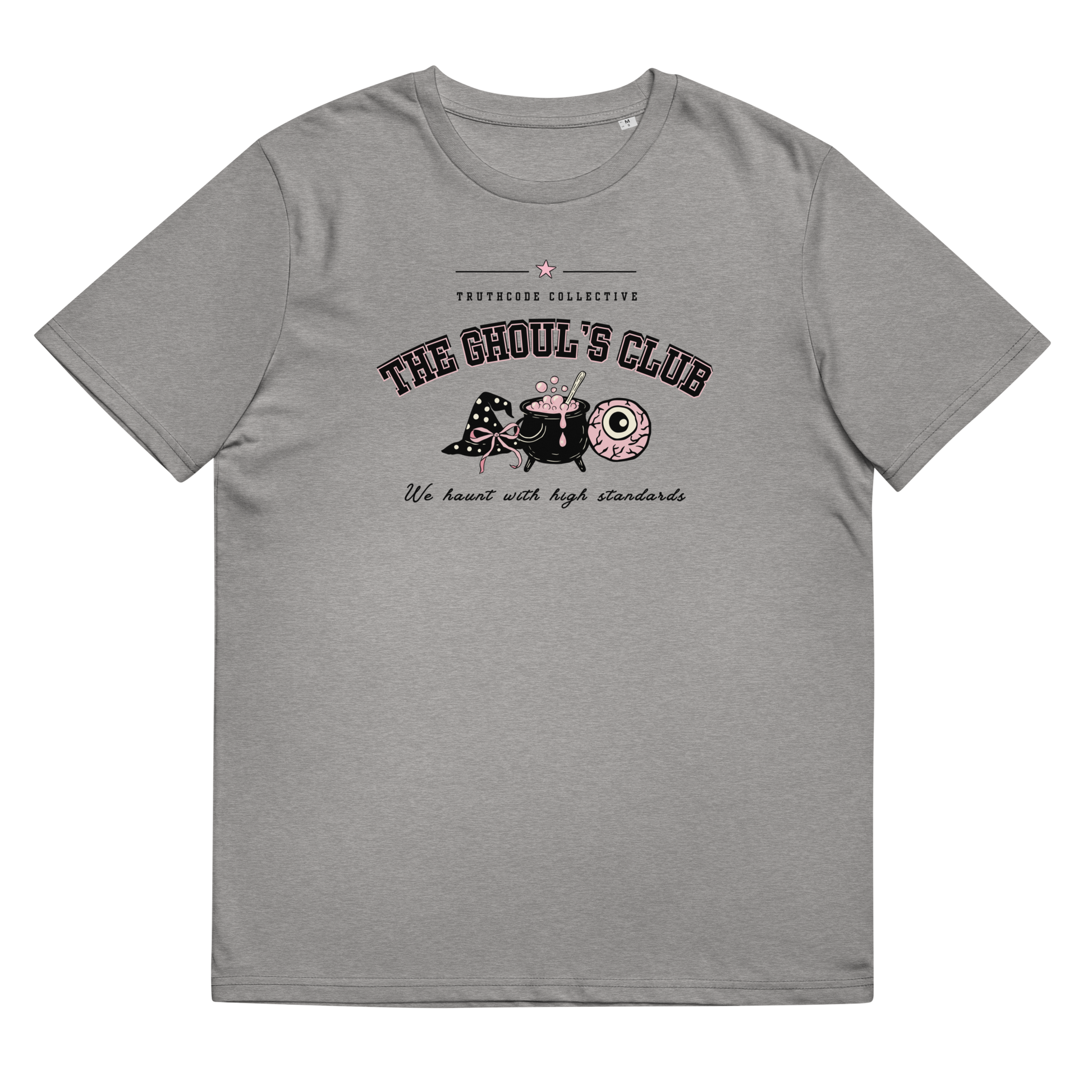 Gray organic t-shirt with 'The Ghoul's Club' text and cartoon halloween graphic design on a white background