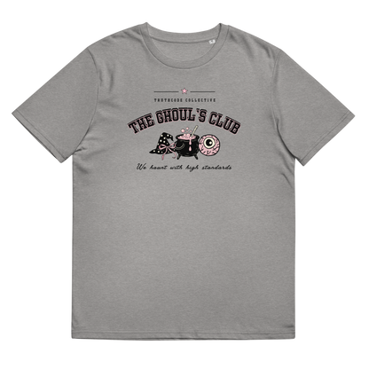 Gray organic t-shirt with 'The Ghoul's Club' text and cartoon halloween graphic design on a white background