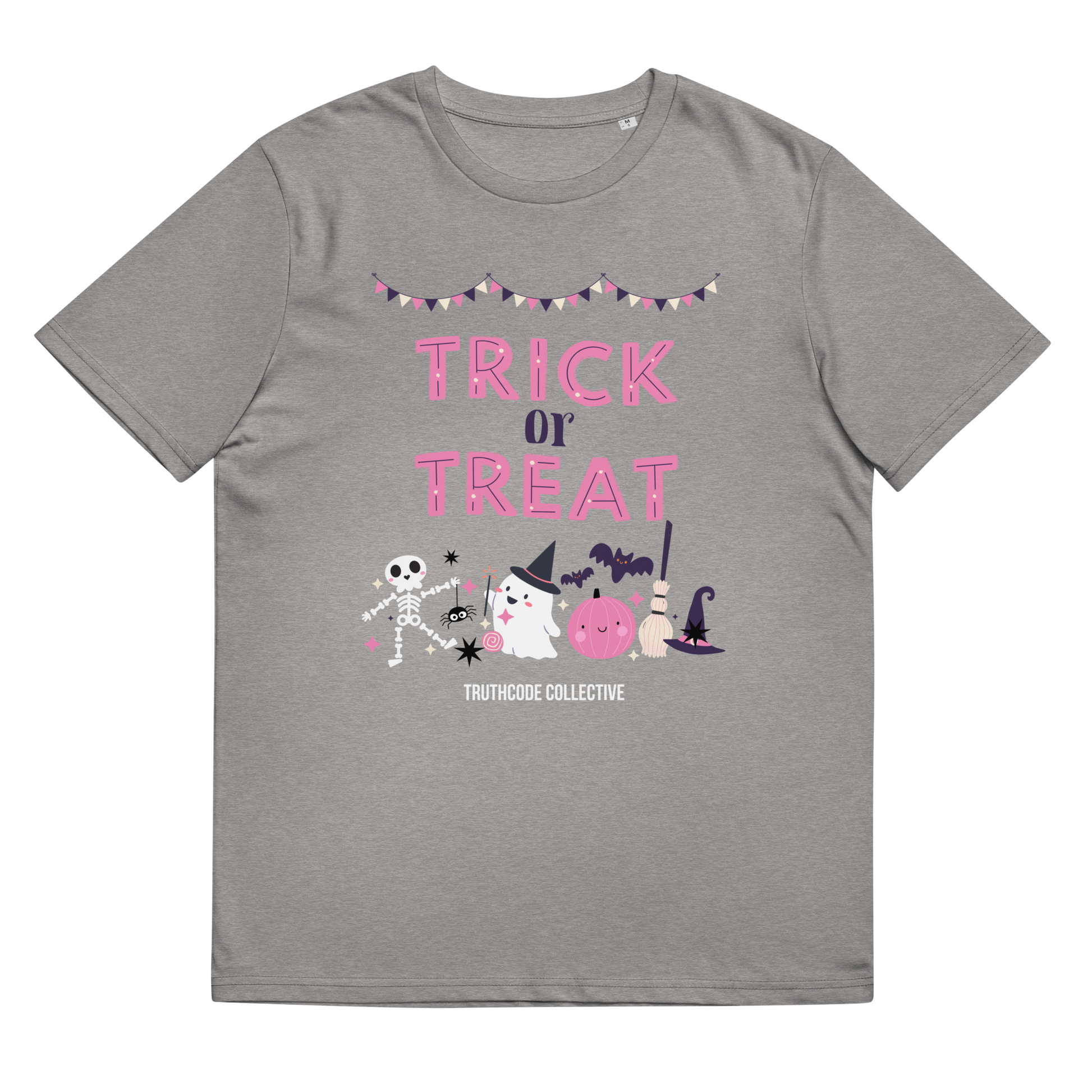 Gray organic t-shirt with 'Trick or Treat' text and Halloween graphics on a white background