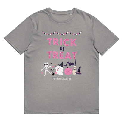 Gray organic t-shirt with 'Trick or Treat' text and Halloween graphics on a white background