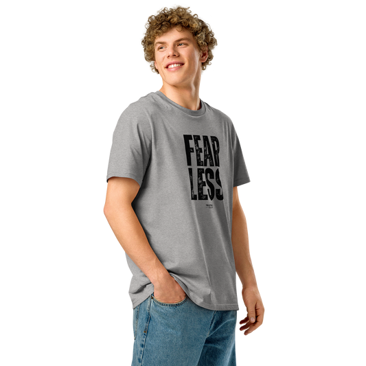 Guy wearing a gray organic t-shirt with 'FEAR LESS' text on a white background