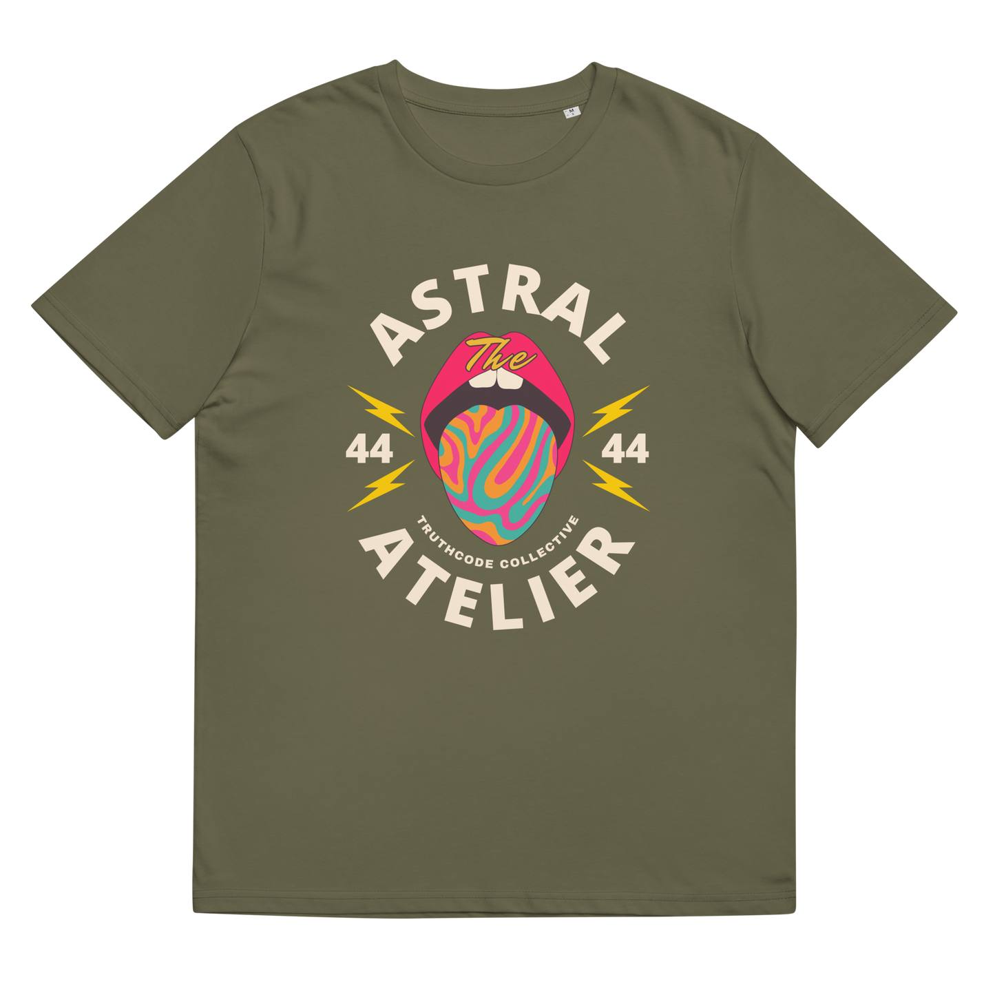 Olive organic t-shirt with a colorful graphic design and text 'Astral Atelier' on a plain background