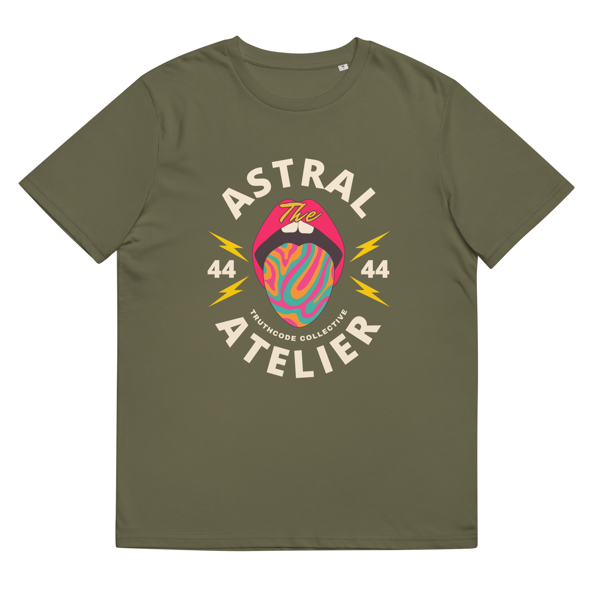 Olive organic t-shirt with a colorful graphic design and text 'Astral Atelier' on a plain background