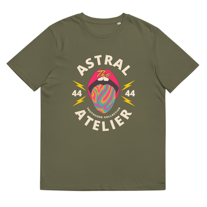 Olive organic t-shirt with a colorful graphic design and text 'Astral Atelier' on a plain background