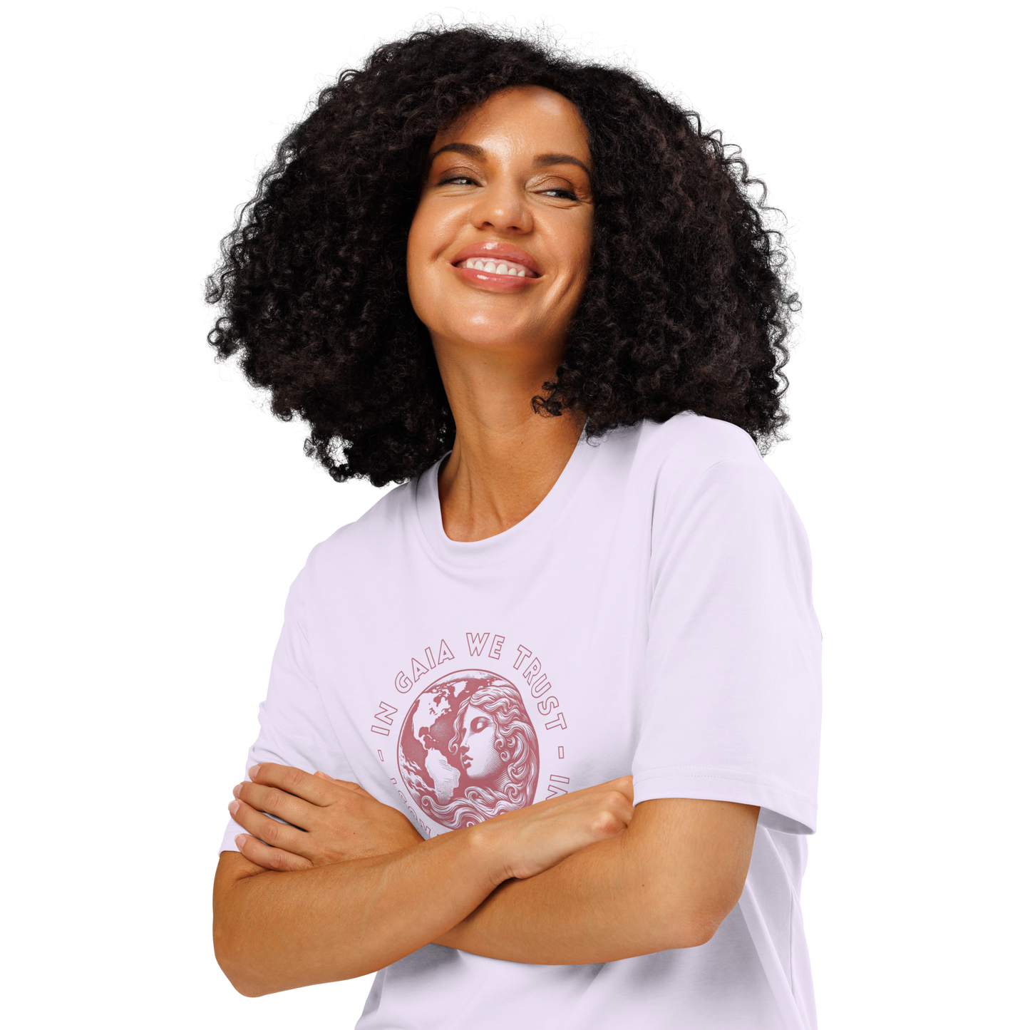 Woman wearing lavender organic t-shirt with graphic design of earth and a woman and text 'In Gaia we trust' on a white background