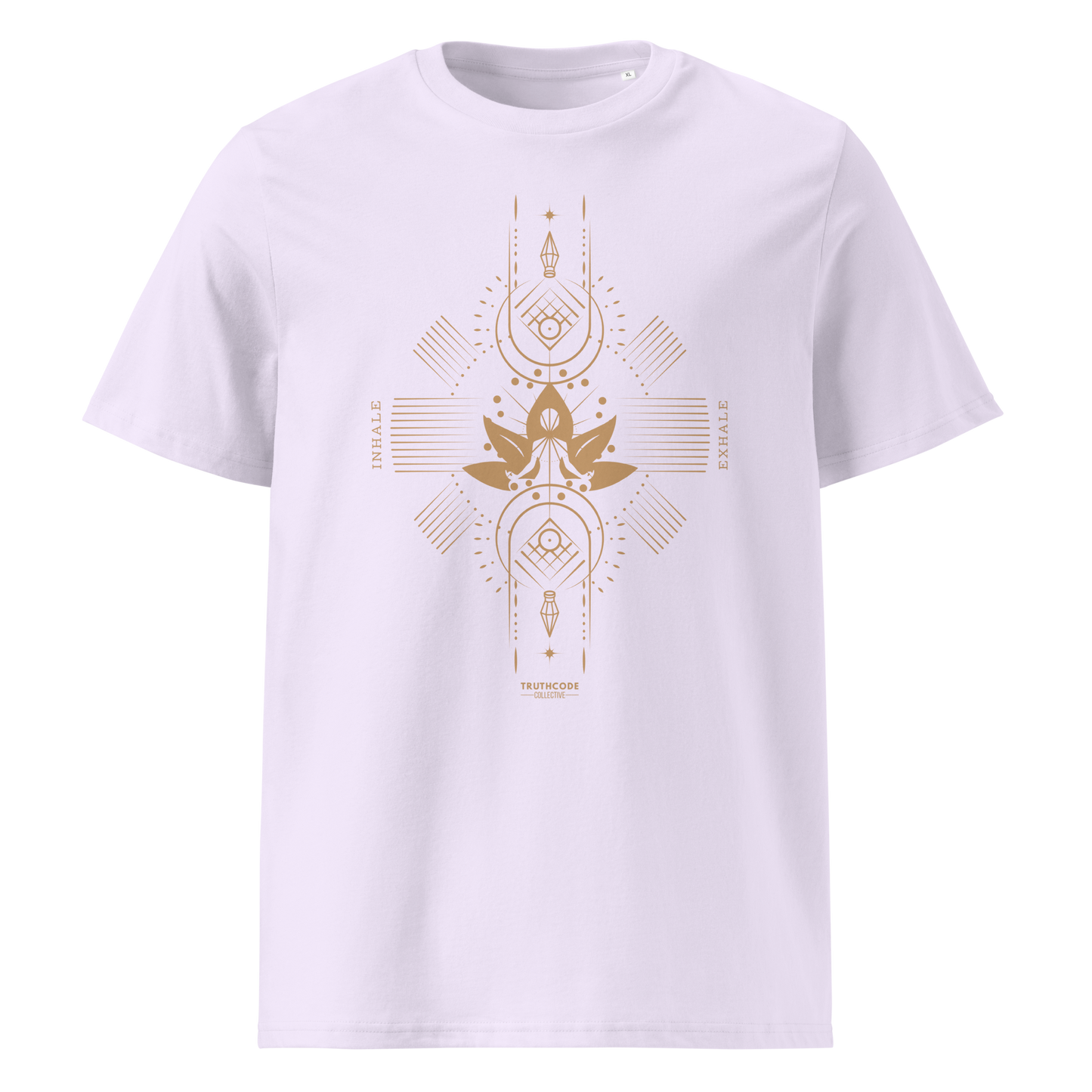 Lavender organic t-shirt with geometric design, lotus flower and meditating person, with text reading 'Inhale, exhale'