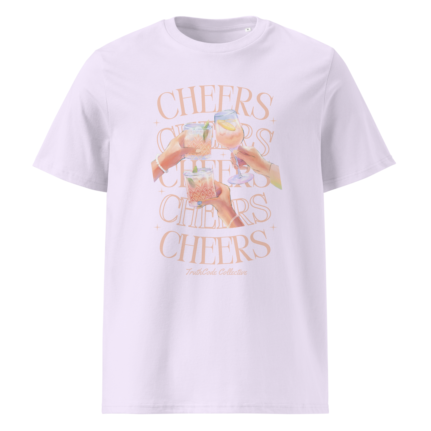 Lavender organic t-shirt with 'Cheers' text and graphic of hands holding glasses 