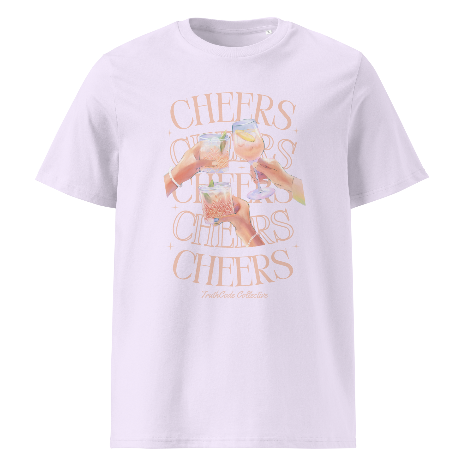 Lavender organic t-shirt with 'Cheers' text and graphic of hands holding glasses 