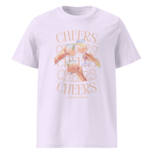 Lavender organic t-shirt with 'Cheers' text and graphic of hands holding glasses 