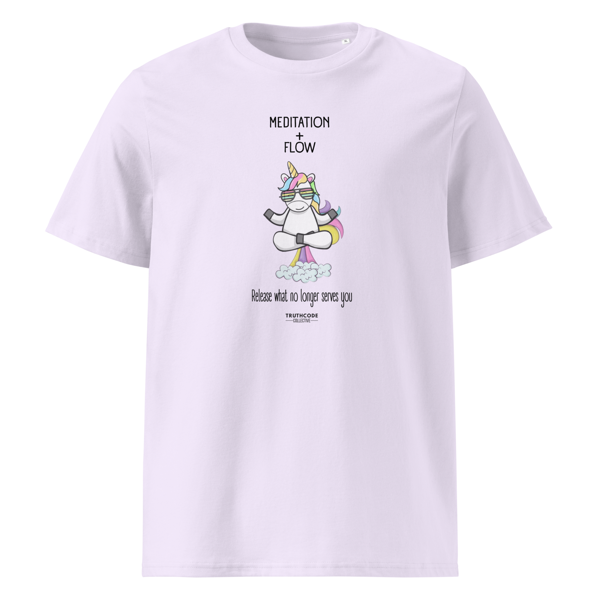 Lavender organic t-shirt with a humorous farting unicorn graphic and text reading 'Meditation + Flow, release what no longer serves you' on a white background