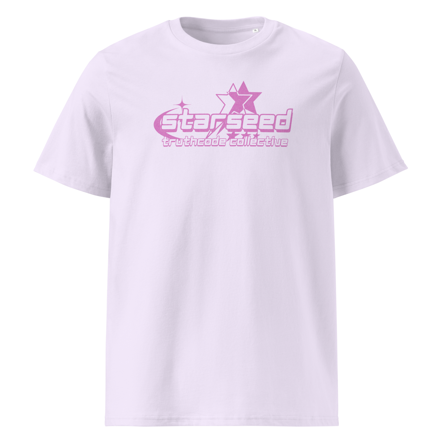 Lavender organic t-shirt with a purple star graphic and  text 'Starseed' on a white background