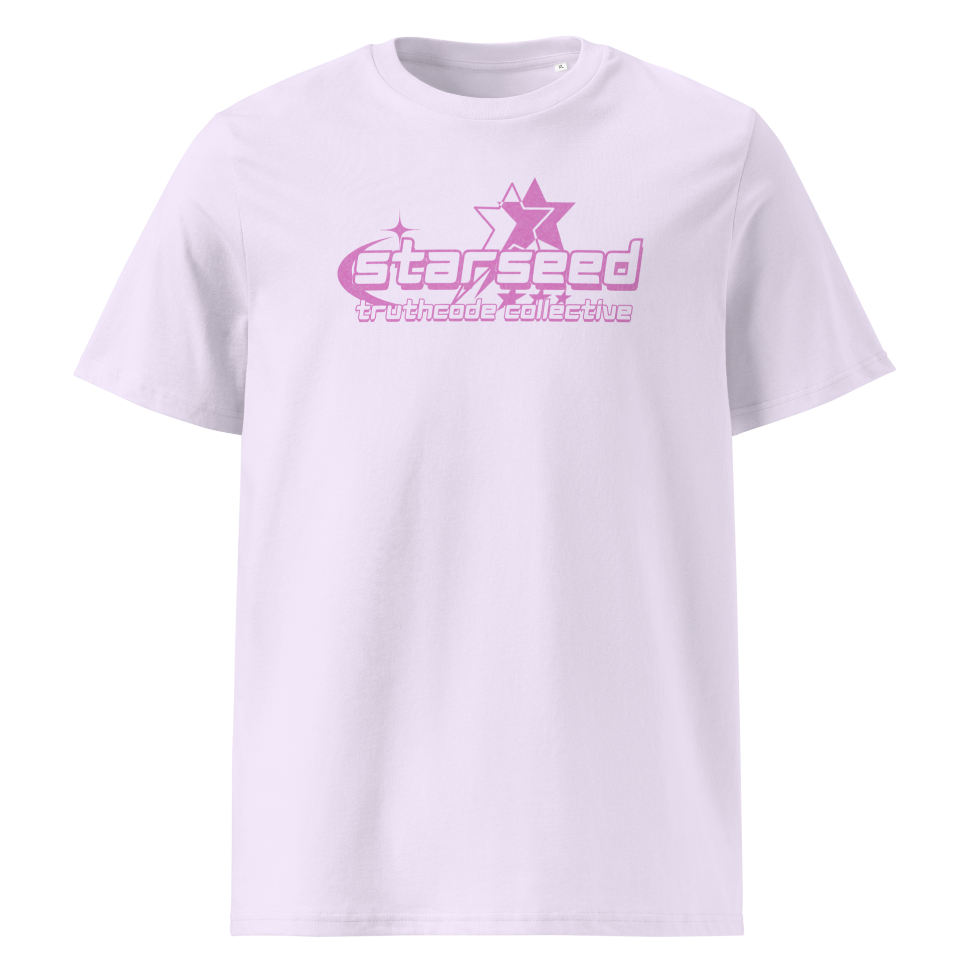 Lavender organic t-shirt with a purple star graphic and  text 'Starseed' on a white background